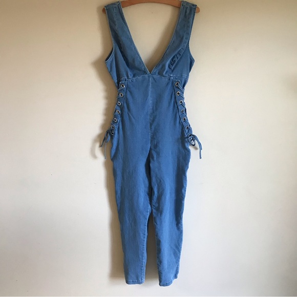 cest toi Pants - Cest Toi Corset Plunge Neck Tie Up Denim Jumpsuit Romper Size Large